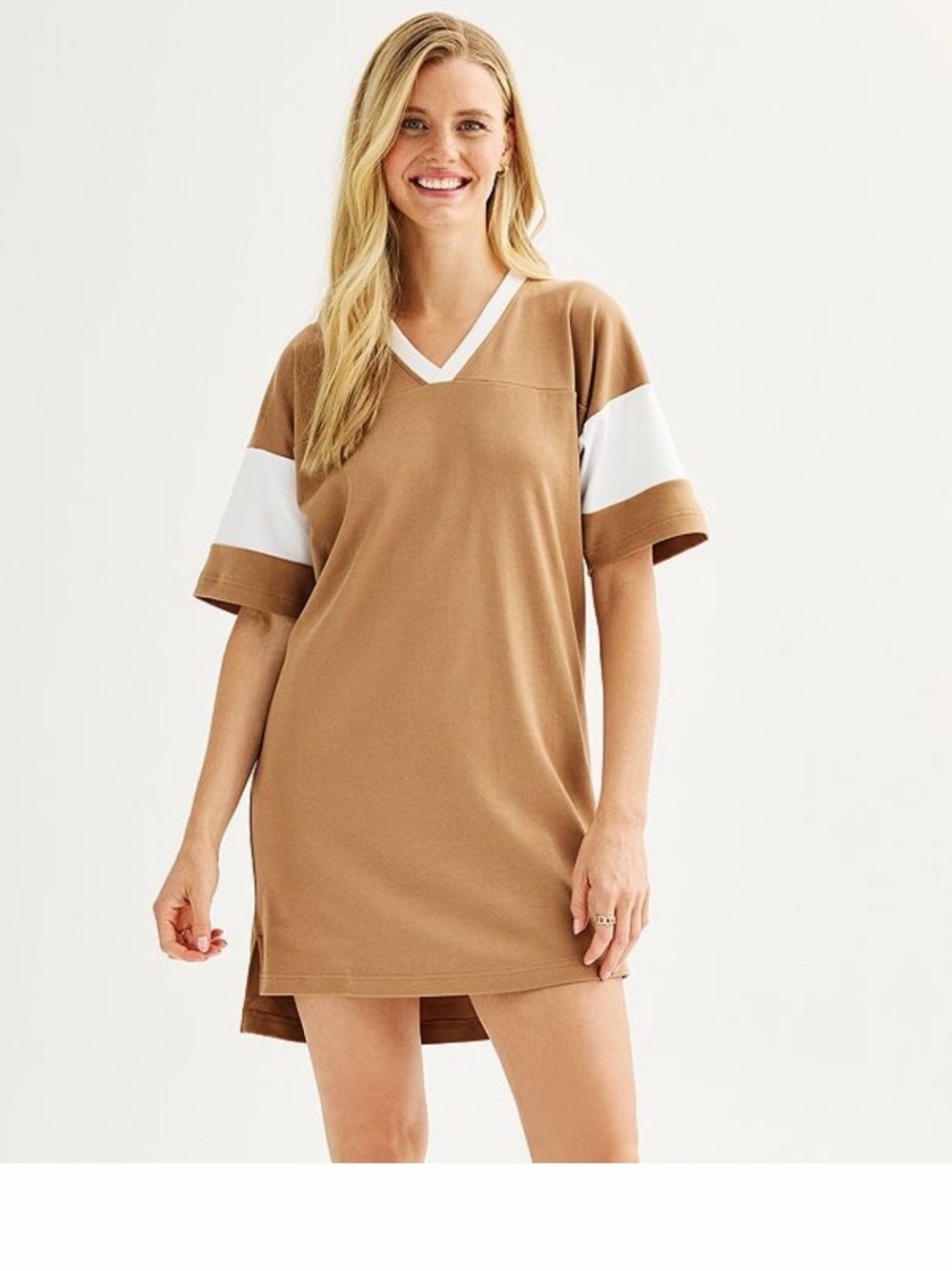 SO Camel and White V-Neck Short Sleeve T-Shirt Dress 100% Cotton